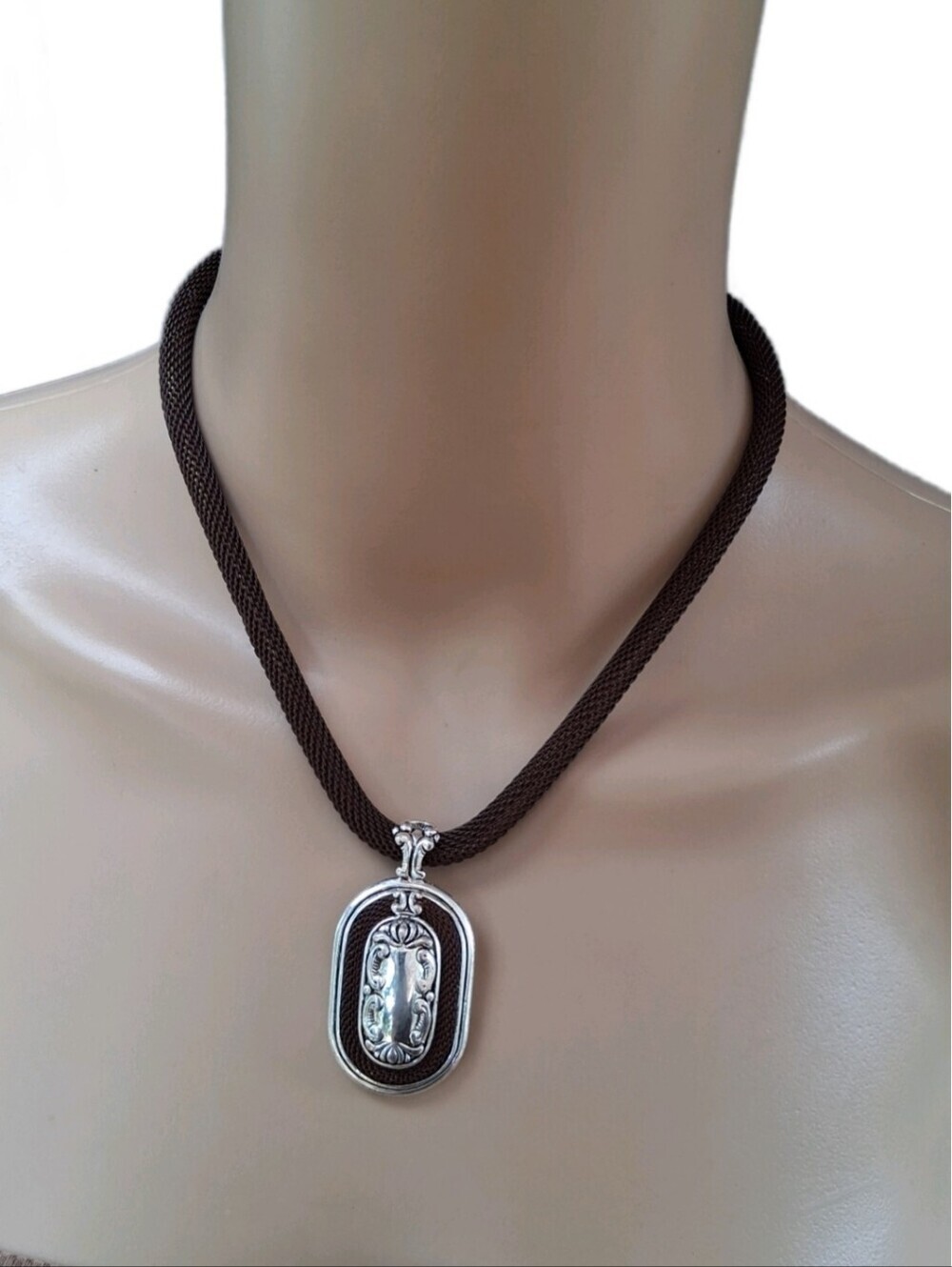 Vintage Silvertone Baroque Oval Pendant Necklace Brown Mesh Cord Scrollwork